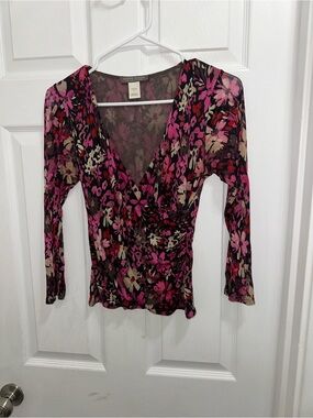 Sigrid Olsen 100% Silk Pink and Black Floral Wrap-Style Long Sleeve Top